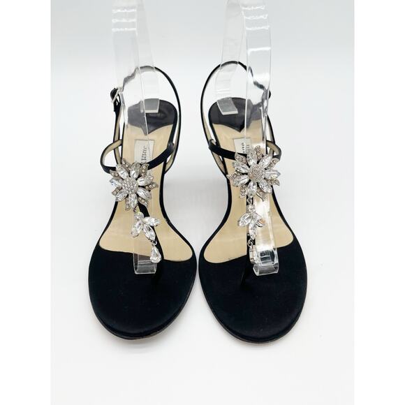 Jimmy Choo Vintage y2k Black Satin Crystal Floral Strappy Thong